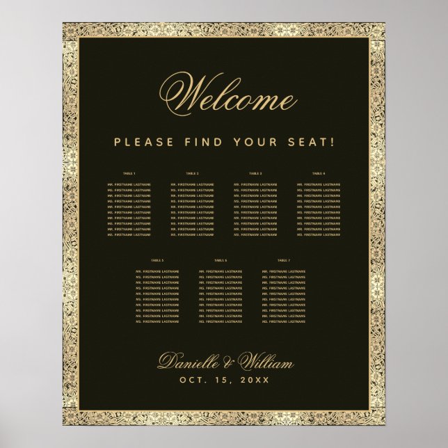 7 Tables Black Gold Vintage Wedding Seating Chart (Front)