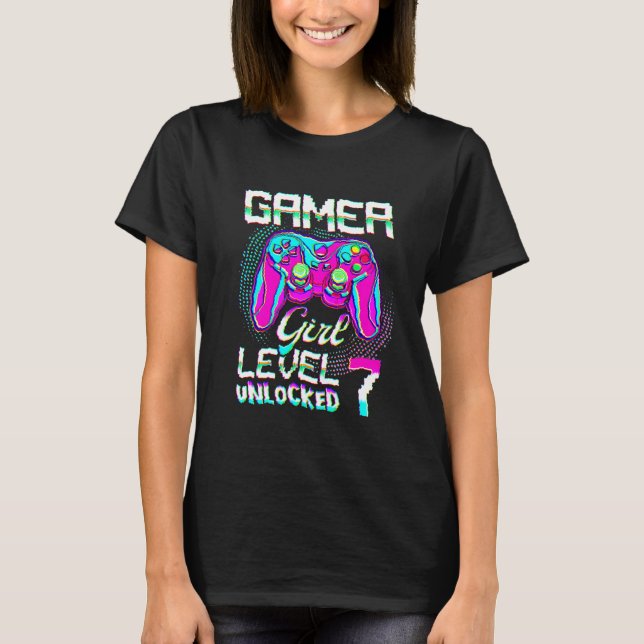 7 Year Old Gamer Girl Level 7 Unlocked 7th Birthda T-Shirt (Front)