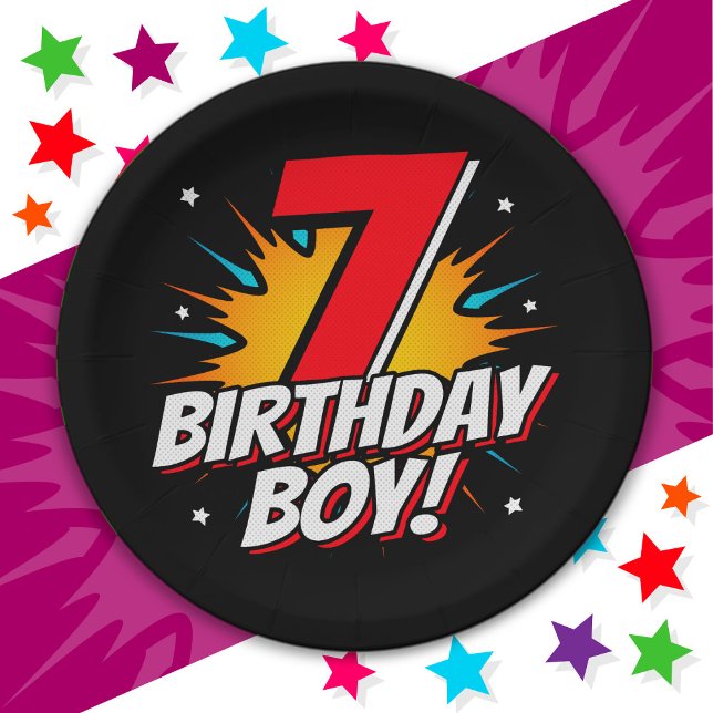 7 Year Old Superhero Birthday Boy 7th Birthday Paper Plate (Creator Uploaded)