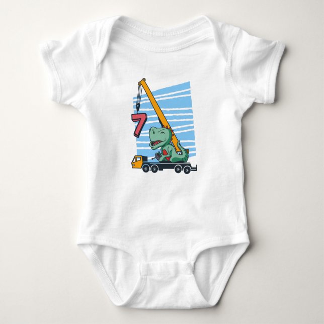 7 years 7th Birthday Mobile Crane Dinosaur Baby Bodysuit (Front)