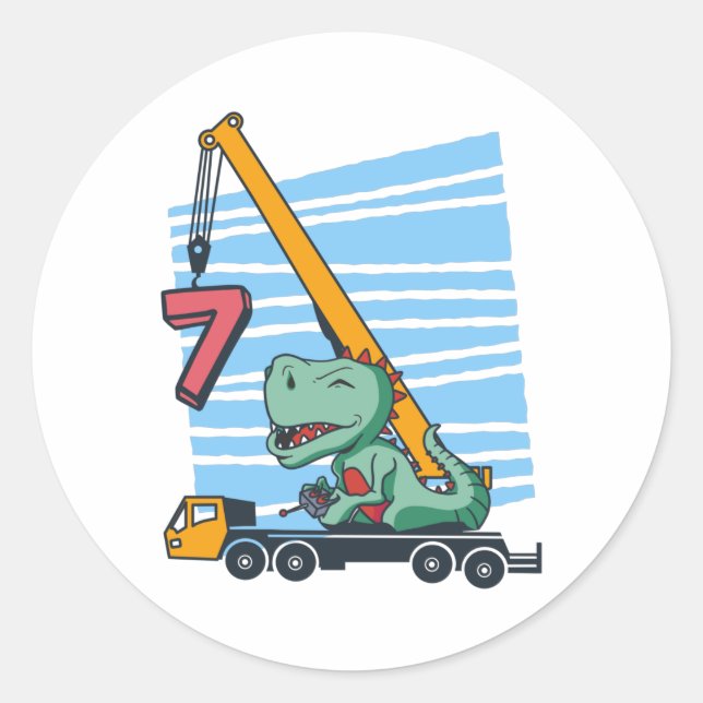 7 years 7th Birthday Mobile Crane Dinosaur Classic Round Sticker (Front)