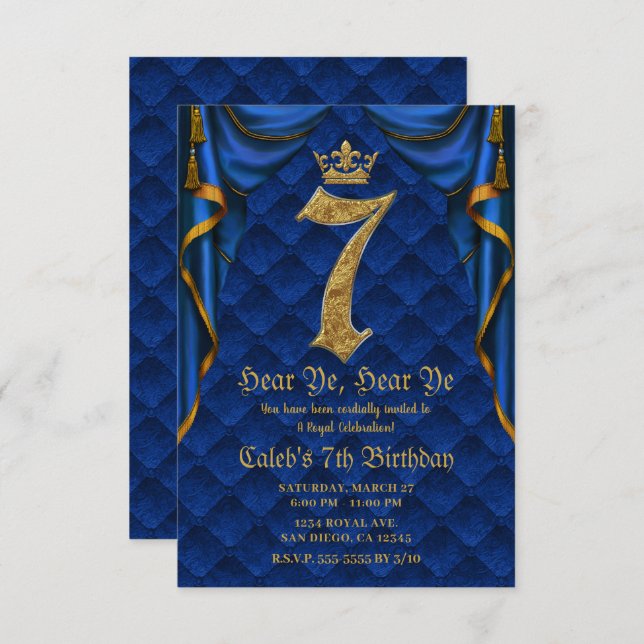 7TH 7 Birthday Party Royal Blue Gold Crown   Invitation (Front/Back)