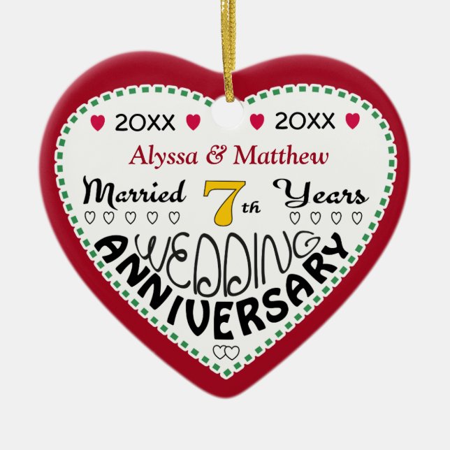 7th Anniversary Gift Heart Shaped Christmas Ceramic Tree Decoration (Front)