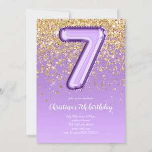 7th Balloon Glitter Purple Birthday Party Invitation