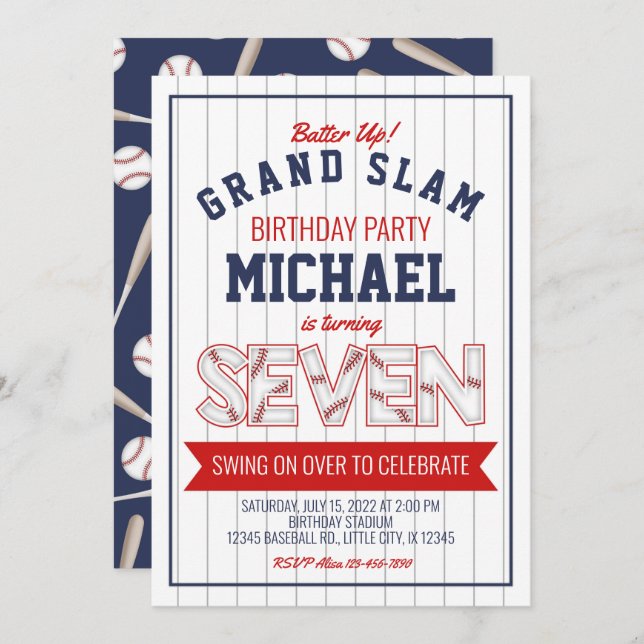 7th Baseball Birthday Invitation (Front/Back)