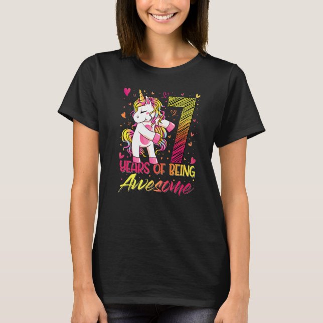 7th Birthday  7 Year Old Girl Flossing Unicorn Par T-Shirt (Front)