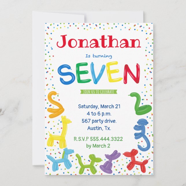 7th birthday animal balloons invitation (Front)