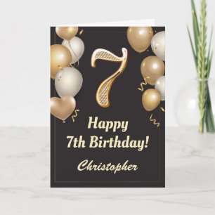 7th Birthday Black and Gold Balloons Confetti Card