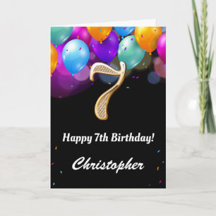7th Birthday Black and Gold Colourful Balloons Car Card