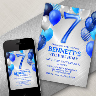 7th Birthday Blue Balloons Invitation