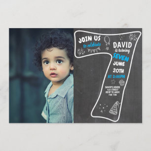 7th Birthday Boy Chalkboard with Photo Blue Number Invitation