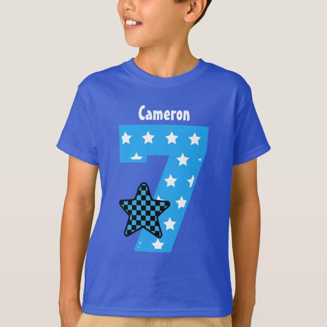 7th Birthday Boy Checked Star Custom Name V07D T-Shirt (Front)