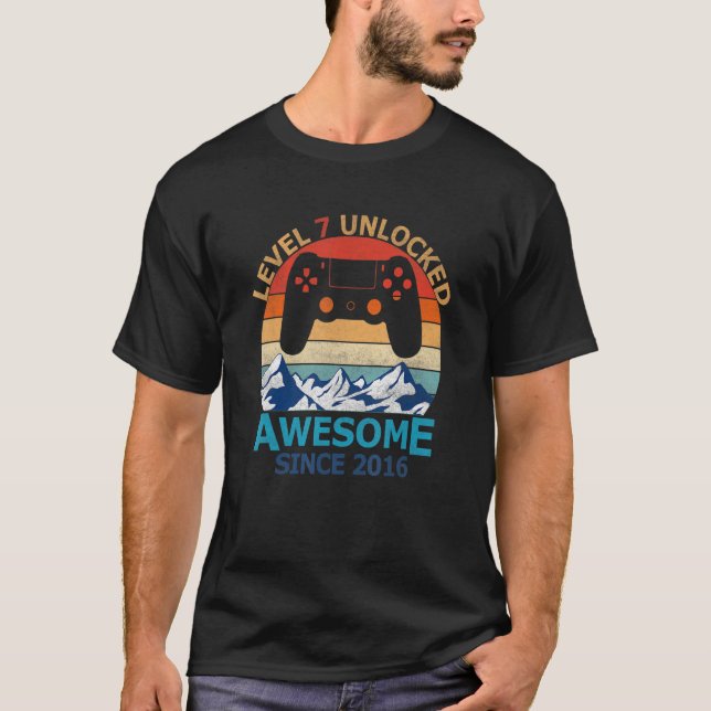 7th Birthday Boy Level 7 Unlocked Awesome 2016 Vid T-Shirt (Front)
