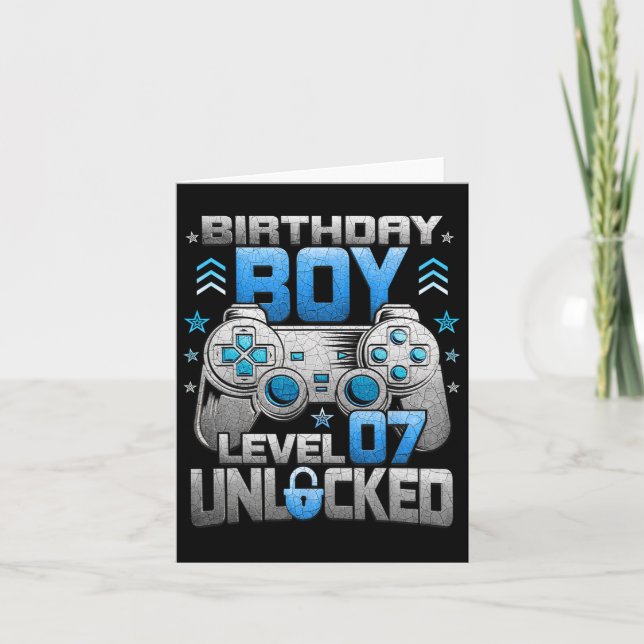 7th Birthday Boy Level 7 Unlocked Video Game Party Card (Front)