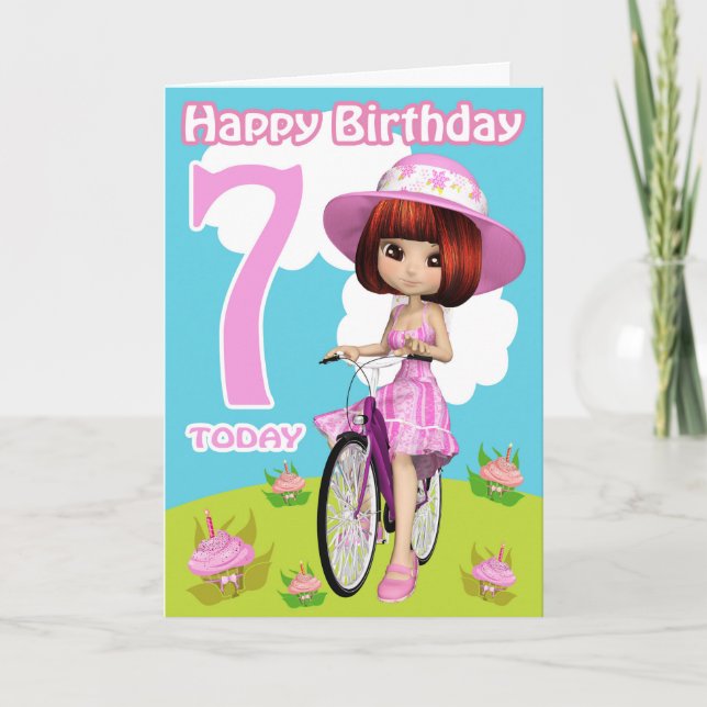 7th Birthday Card Pretty Little Girl On A Bicycle (Front)