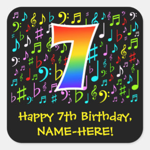 7th Birthday: Colorful Music Symbols, Rainbow 7 Square Sticker