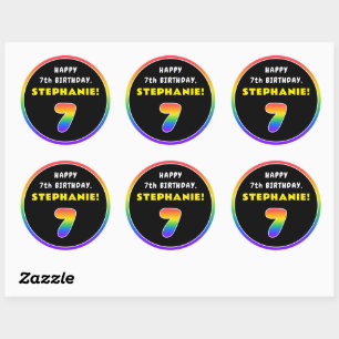 7th Birthday: Colorful Rainbow # 7, Custom Name Classic Round Sticker