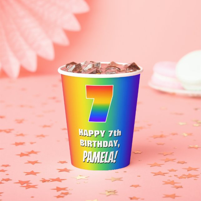 7th Birthday: Colourful, Fun Rainbow Pattern # 7 Paper Cups (Insitu)
