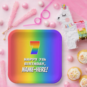 7th Birthday: Colourful, Fun Rainbow Pattern # 7 Paper Plate
