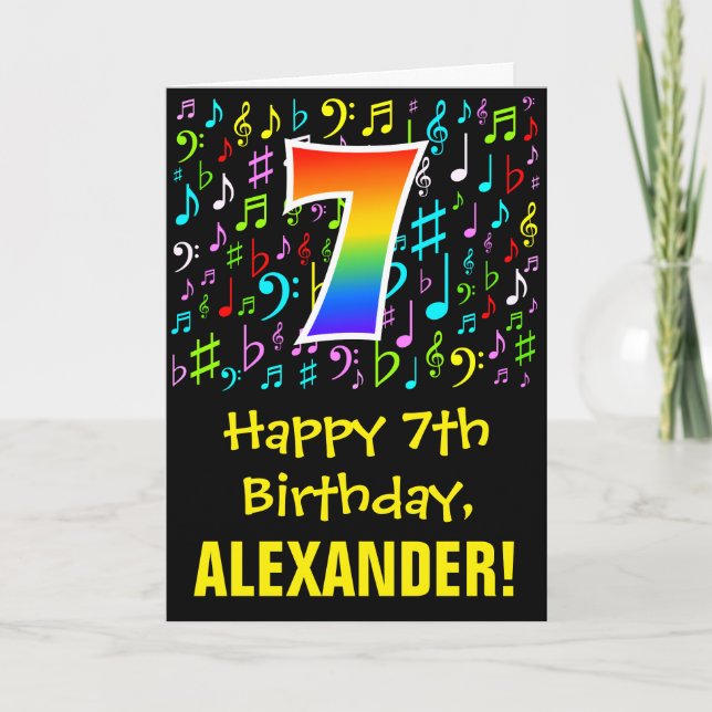 7th Birthday: Colourful Music Symbols + Rainbow 7 Card (Front)