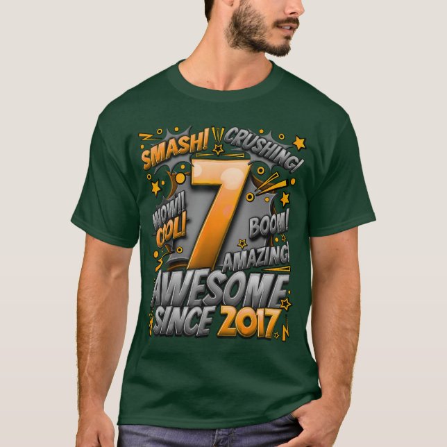 7th Birthday Comic Style Awesome since 2017 7 Year T-Shirt (Front)
