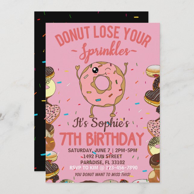 7th Birthday Doughnut Lose Your Sprinkles Girls Pa Invitation (Front/Back)
