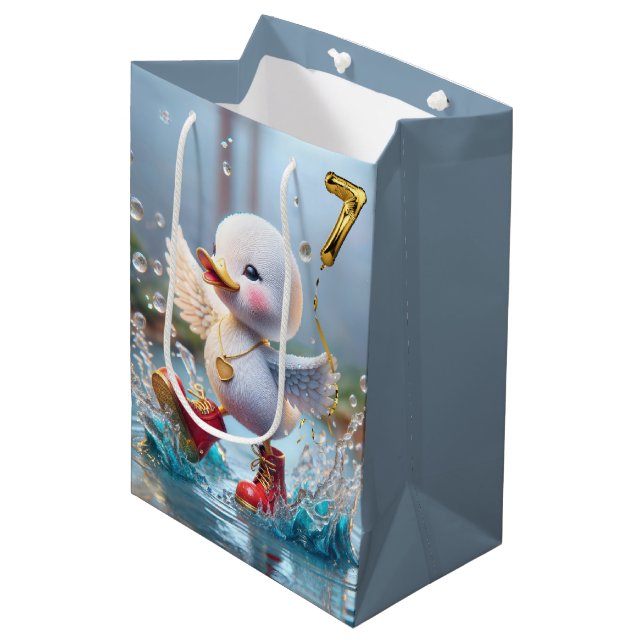 7th Birthday Duckling Dancing in a Puddle Medium Gift Bag (Front Angled)