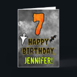 7th Birthday: Eerie Halloween Theme   Custom Name Card<br><div class="desc">The front of this scary and spooky Halloween themed birthday greeting card design features a large number “7” and the message “HAPPY BIRTHDAY, ”, plus a customisable name. There are also depictions of a ghost and a bat on the front. The inside features a customised birthday greeting message, or could...</div>
