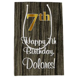 7th Birthday: Elegant Faux Gold Look #, Faux Wood Medium Gift Bag