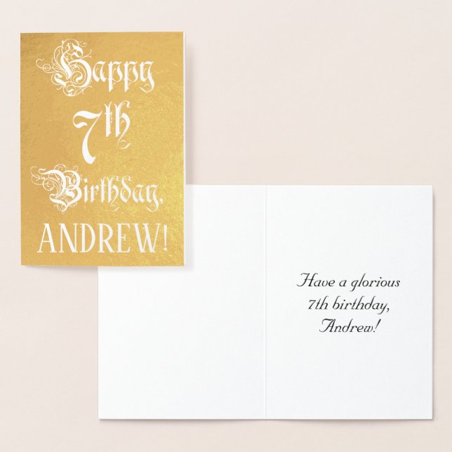 7th Birthday: Elegant, Ornate Script; Custom Name Foil Card (Display)