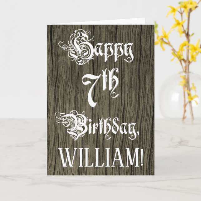 7th Birthday: Fancy, Elegant Text; Faux Wood Look Card (Yellow Flower)
