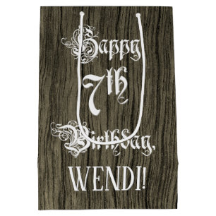 7th Birthday: Fancy, Faux Wood Look + Custom Name Medium Gift Bag