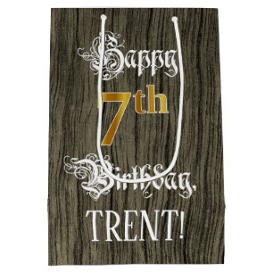 7th Birthday: Faux Gold Look & Faux Wood Pattern Medium Gift Bag