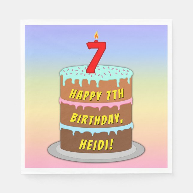 7th Birthday: Fun Cake and Candle + Custom Name Napkin (Front)