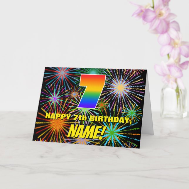 7th Birthday: Fun, Colourful Celebratory Fireworks Card (Orchid)