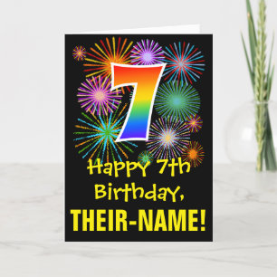 7th Birthday: Fun Fireworks Pattern + Rainbow 7 Card