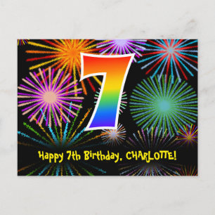 7th Birthday – Fun Fireworks Pattern + Rainbow 7 Postcard