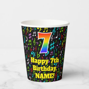 7th Birthday: Fun Music Notes Pattern, Rainbow 7 Paper Cups