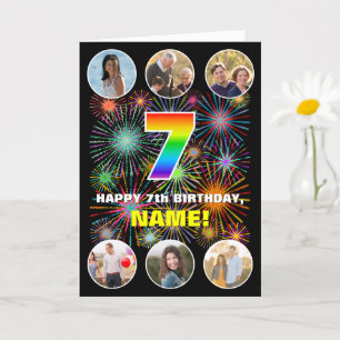 7th Birthday: Fun Rainbow #, Custom Name & Photos Card