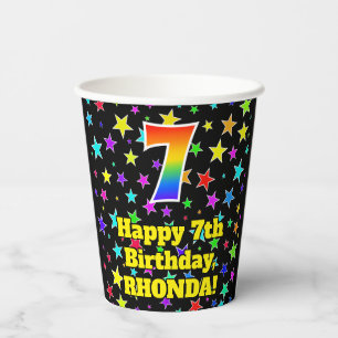 7th Birthday: Fun Stars Pattern and Rainbow 7 Paper Cups