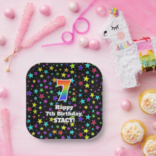 7th Birthday: Fun Stars Pattern and Rainbow “7” Paper Plate