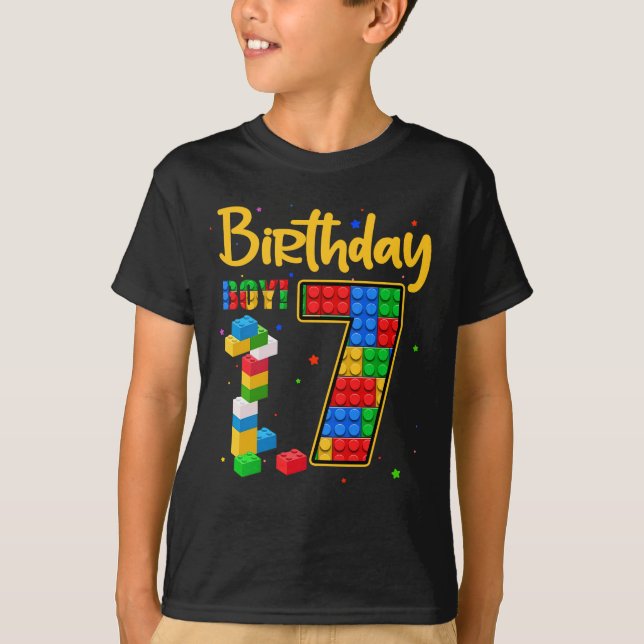 7th Birthday Gift 7 Years Old Block Building Boys  T-Shirt (Front)