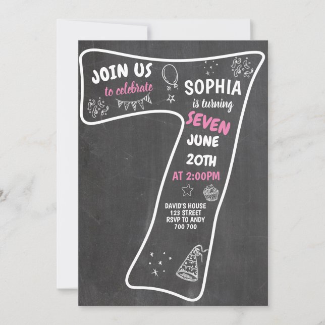 7th Birthday Girl Chalkboard Pink Number Invitation (Front)