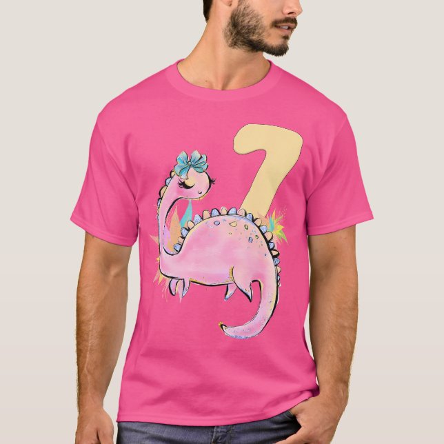 7Th Birthday Girl Dinosaur Pink Dino Party Outfit  T-Shirt (Front)