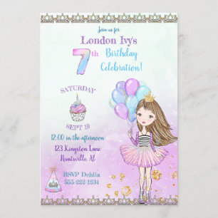 7th Birthday Girl Princess Cupcake Balloons Invitation