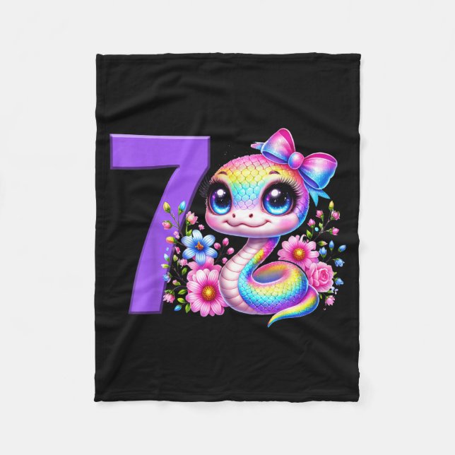 7th Birthday Girl Snake Party Rainbow Coquette Bow Fleece Blanket (Front)