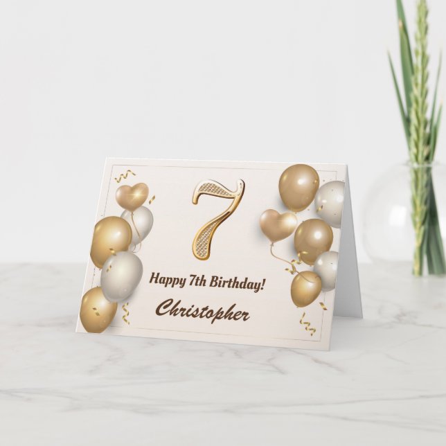 7th Birthday Gold Balloons and Confetti Birthday Card (Front)