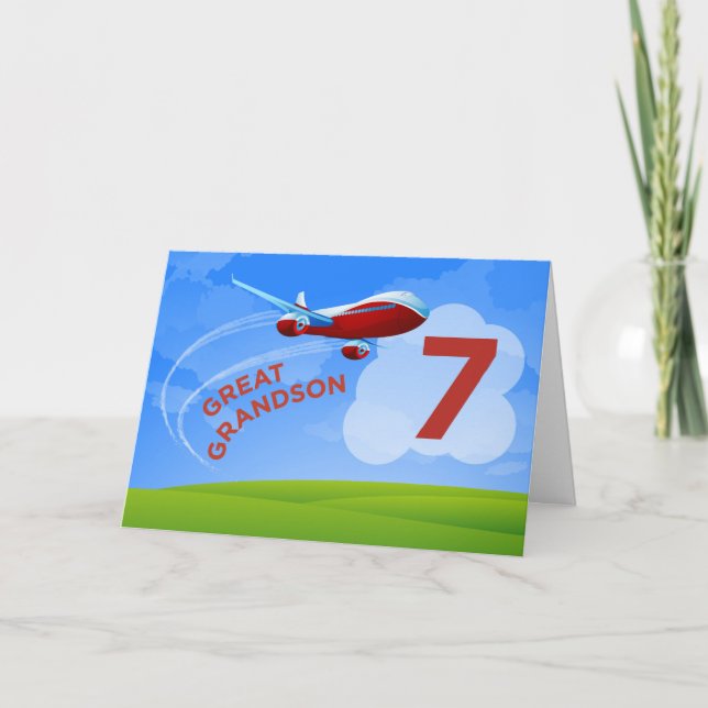 7th Birthday, Great Grandson, Red Aeroplane Card (Front)