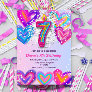 7th Birthday Inviation for Girls - Rainbow Hearts  Invitation