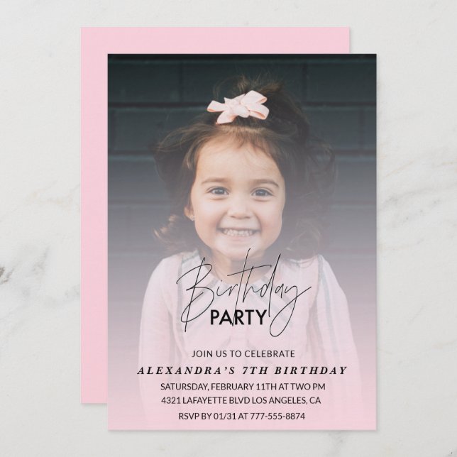 7th birthday invitation Birthday Party Photo pink (Front/Back)